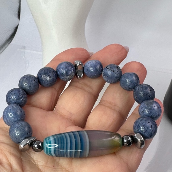 INDONESIAN BLUE CORAL + STRIPED AGATE STONES NATURAL BRACELET sz 7” - Picture 6 of 11